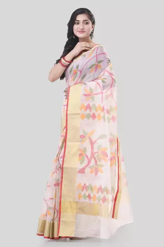 White Woven Cotton Silk Self Design Handloom-Sarees Without Blouse Piece