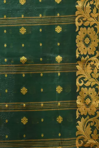 Green Woven Cotton Self Design Handloom-Sarees Without Blouse Piece