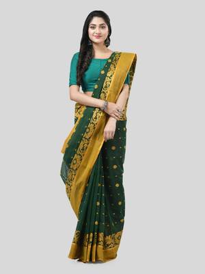 Green Woven Cotton Self Design Handloom-Sarees Without Blouse Piece 5