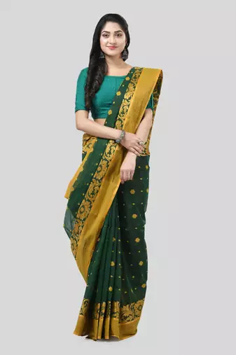 Green Woven Cotton Self Design Handloom-Sarees Without Blouse Piece