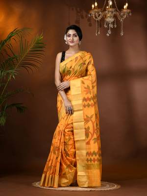Yellow Woven Cotton Silk Self Design Handloom-Sarees Without Blouse Piece 1