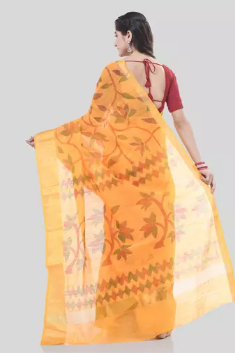 Yellow Woven Cotton Silk Self Design Handloom-Sarees Without Blouse Piece