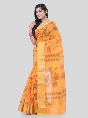 Yellow Woven Cotton Silk Self Design Handloom-Sarees Without Blouse Piece 3