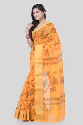 Yellow Woven Cotton Silk Self Design Handloom-Sarees Without Blouse Piece