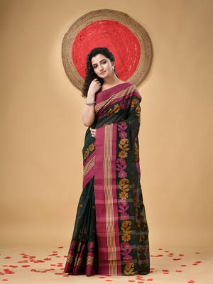 Black Woven Cotton Floral Handloom-Sarees Without Blouse Piece 1