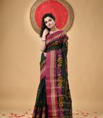 Black Woven Cotton Floral Handloom-Sarees Without Blouse Piece