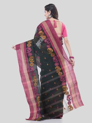 Black Woven Cotton Floral Handloom-Sarees Without Blouse Piece 2