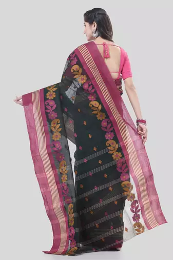 Black Woven Cotton Floral Handloom-Sarees Without Blouse Piece