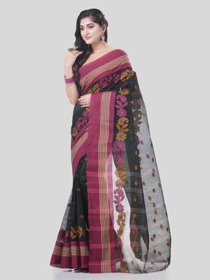Black Woven Cotton Floral Handloom-Sarees Without Blouse Piece 3