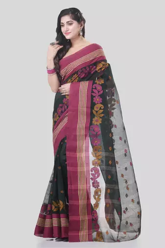 Black Woven Cotton Floral Handloom-Sarees Without Blouse Piece