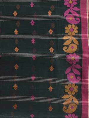 Black Woven Cotton Floral Handloom-Sarees Without Blouse Piece 4