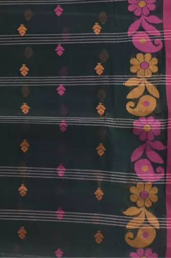Black Woven Cotton Floral Handloom-Sarees Without Blouse Piece