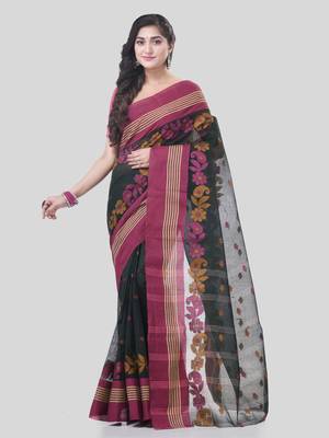 Black Woven Cotton Floral Handloom-Sarees Without Blouse Piece 5
