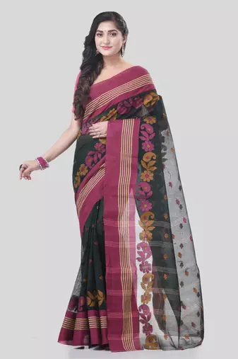 Black Woven Cotton Floral Handloom-Sarees Without Blouse Piece
