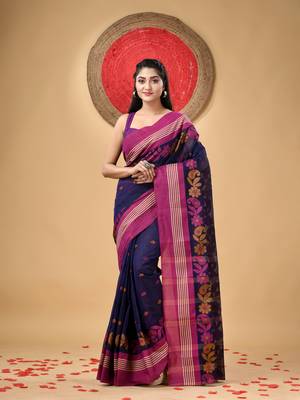 Blue Woven Cotton Floral Handloom-Sarees Without Blouse Piece 1