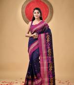 Blue Woven Cotton Floral Handloom-Sarees Without Blouse Piece