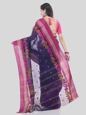 Blue Woven Cotton Floral Handloom-Sarees Without Blouse Piece 2