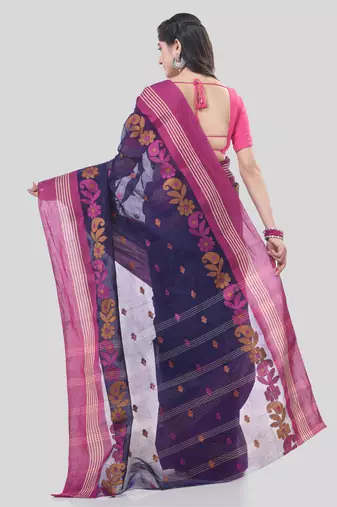 Blue Woven Cotton Floral Handloom-Sarees Without Blouse Piece