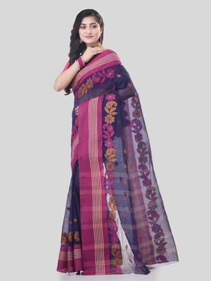 Blue Woven Cotton Floral Handloom-Sarees Without Blouse Piece 3