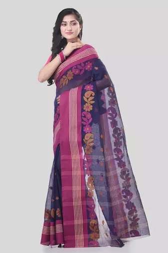 Blue Woven Cotton Floral Handloom-Sarees Without Blouse Piece