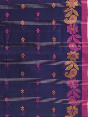 Blue Woven Cotton Floral Handloom-Sarees Without Blouse Piece 4