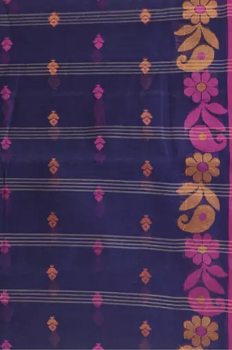 Blue Woven Cotton Floral Handloom-Sarees Without Blouse Piece