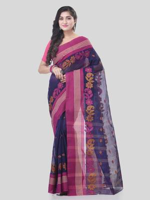 Blue Woven Cotton Floral Handloom-Sarees Without Blouse Piece 5