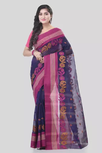 Blue Woven Cotton Floral Handloom-Sarees Without Blouse Piece