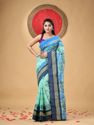 Turquoise Woven Cotton Floral Handloom-Sarees Without Blouse Piece 1