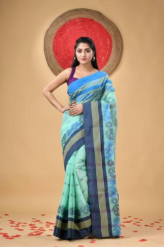 Turquoise Woven Cotton Floral Handloom-Sarees Without Blouse Piece