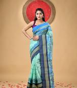 Turquoise Woven Cotton Floral Handloom-Sarees Without Blouse Piece