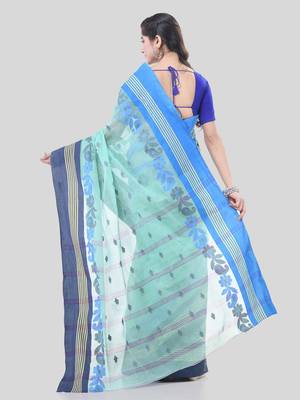 Turquoise Woven Cotton Floral Handloom-Sarees Without Blouse Piece 2