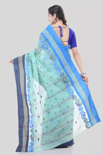 Turquoise Woven Cotton Floral Handloom-Sarees Without Blouse Piece