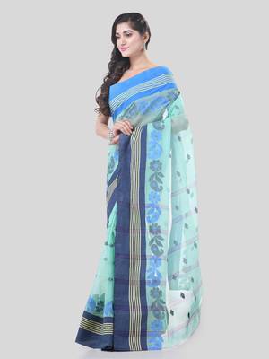 Turquoise Woven Cotton Floral Handloom-Sarees Without Blouse Piece 3