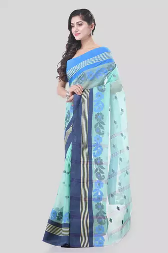 Turquoise Woven Cotton Floral Handloom-Sarees Without Blouse Piece