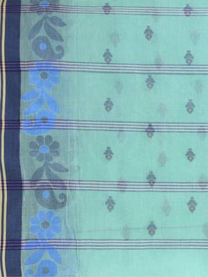 Turquoise Woven Cotton Floral Handloom-Sarees Without Blouse Piece 4