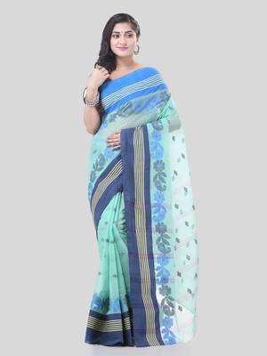 Turquoise Woven Cotton Floral Handloom-Sarees Without Blouse Piece 5