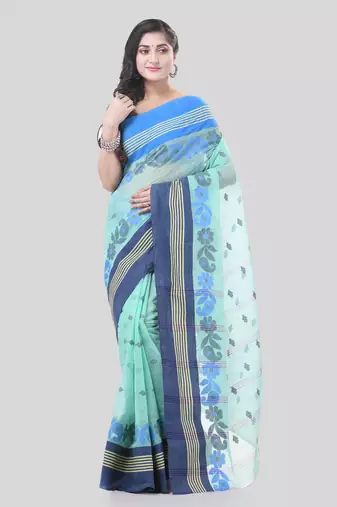 Turquoise Woven Cotton Floral Handloom-Sarees Without Blouse Piece