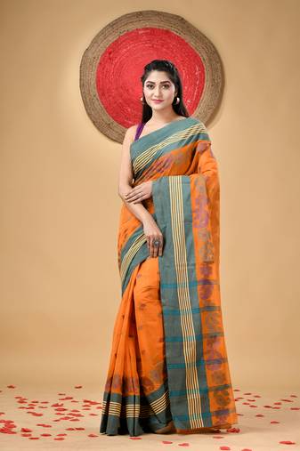 Orange Woven Cotton Floral Handloom-Sarees Without Blouse Piece