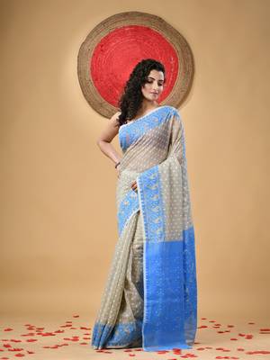 Grey Woven Cotton Floral Handloom Jamdani Sarees Without Blouse Piece 1