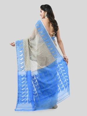 Grey Woven Cotton Floral Handloom Jamdani Sarees Without Blouse Piece 2
