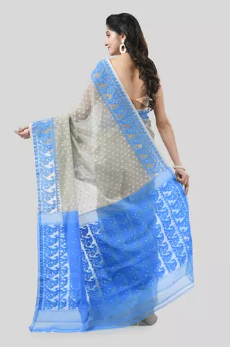 Grey Woven Cotton Floral Handloom Jamdani Sarees Without Blouse Piece