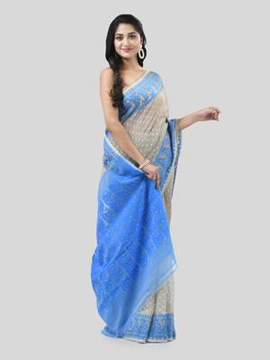 Grey Woven Cotton Floral Handloom Jamdani Sarees Without Blouse Piece 3