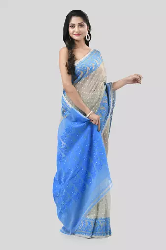 Grey Woven Cotton Floral Handloom Jamdani Sarees Without Blouse Piece