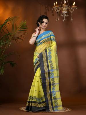 Yellow Woven Cotton Floral Handloom-Sarees Without Blouse Piece 1