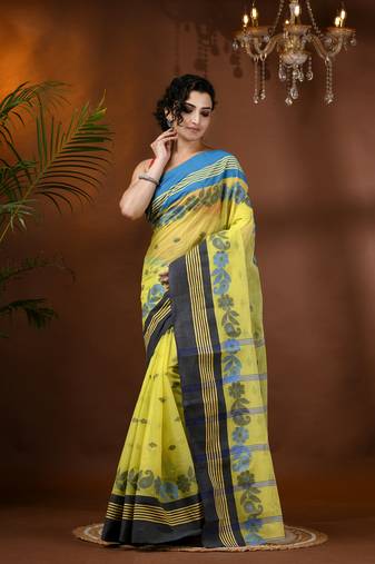 Yellow Woven Cotton Floral Handloom-Sarees Without Blouse Piece