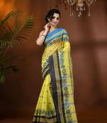 Yellow Woven Cotton Floral Handloom-Sarees Without Blouse Piece