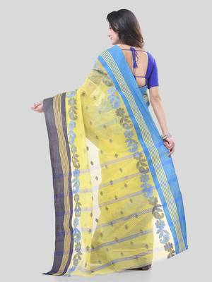 Yellow Woven Cotton Floral Handloom-Sarees Without Blouse Piece 2