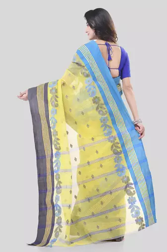 Yellow Woven Cotton Floral Handloom-Sarees Without Blouse Piece