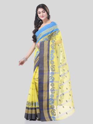 Yellow Woven Cotton Floral Handloom-Sarees Without Blouse Piece 3